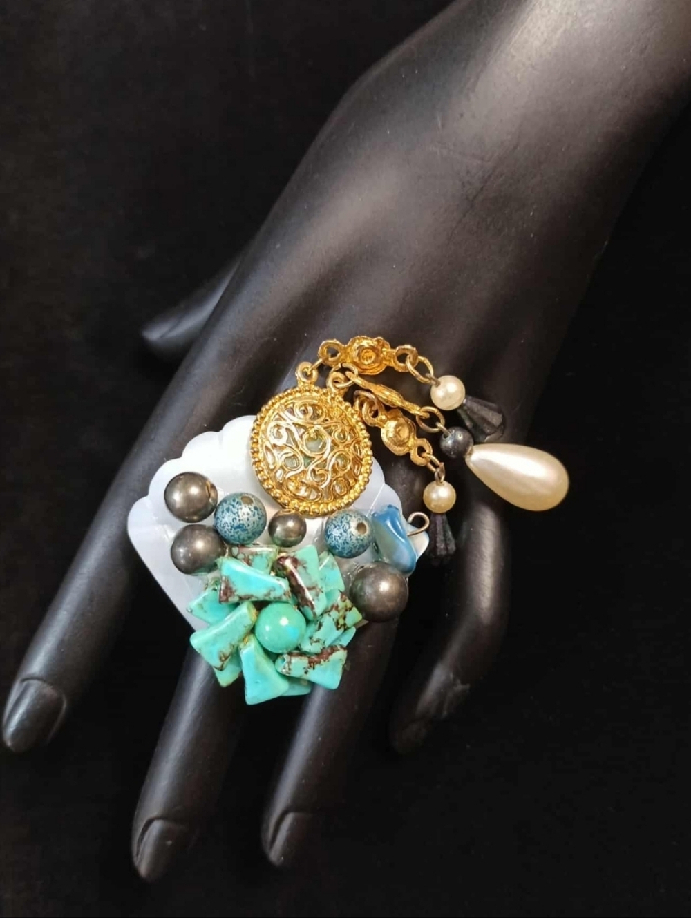 Turquoise Blue Green Gold Multi-Stone Statement Ring